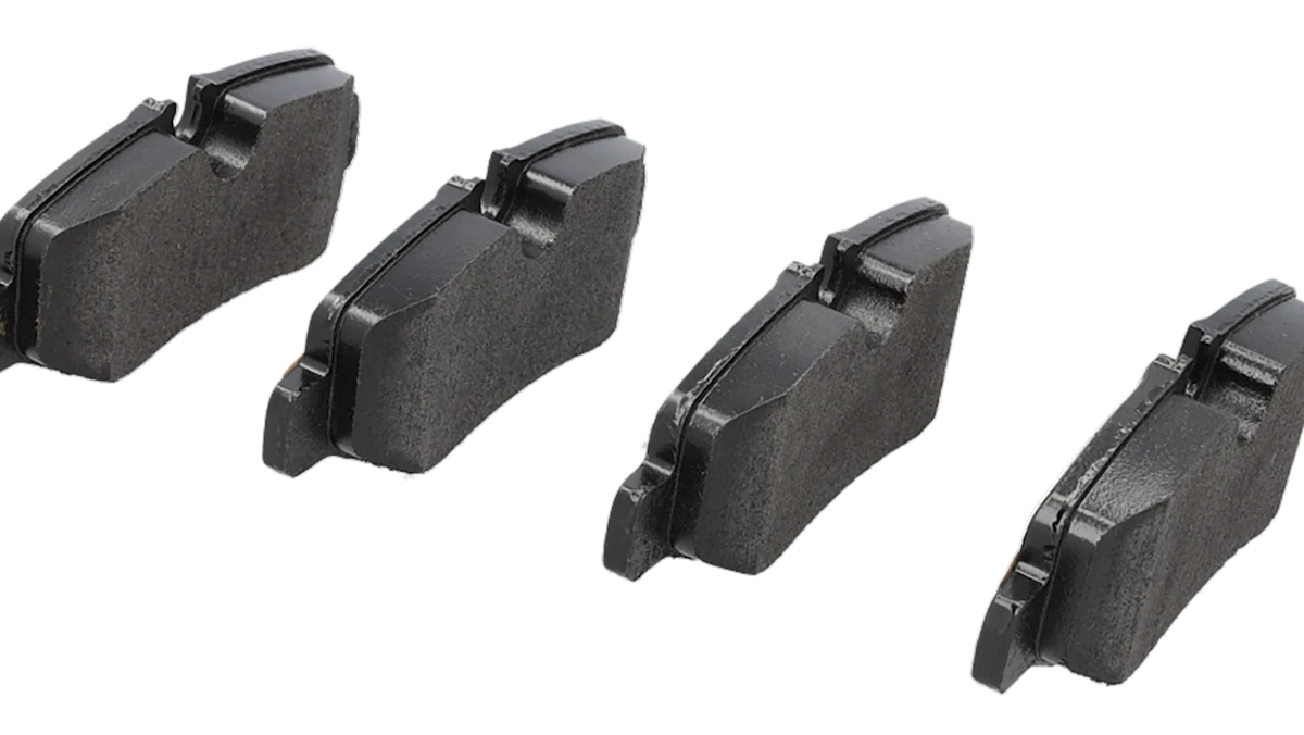 Photo of MEYLE brake pads sideways from the rear.